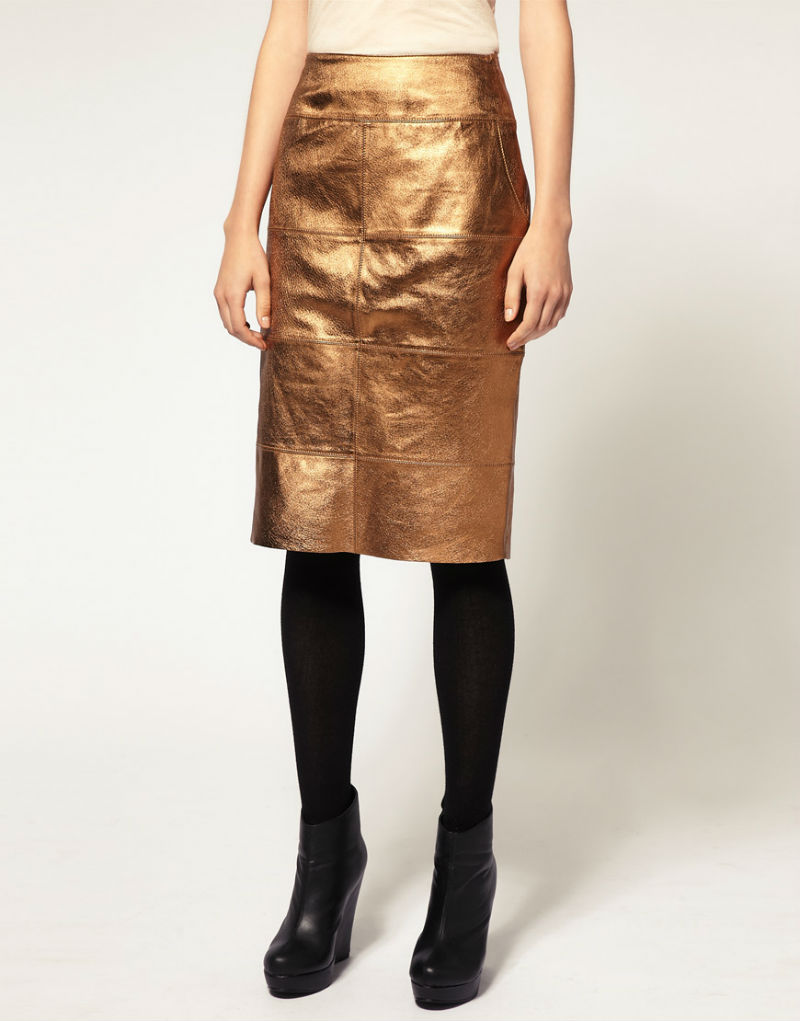Кожаная юбка миди длины золотистого цвета, River Island