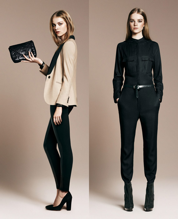 Бежевый блейзер, черные брюки и блузка, все Zara